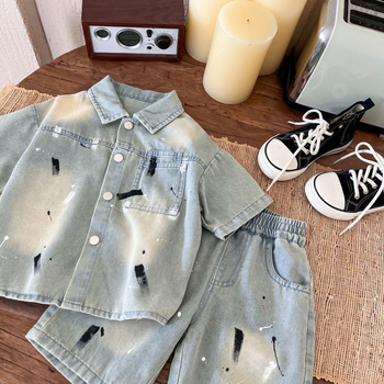 Zēnu divdaļīgs džinsa komplekts: īsrokājā krekliņš un šorti, viegls, mīksts džinsa audums, vienkrāsains, vasaras apģērbs