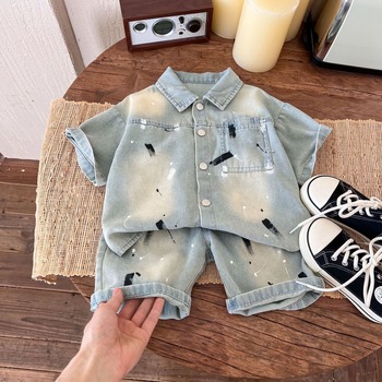 Zēnu divdaļīgs džinsa komplekts: īsrokājā krekliņš un šorti, viegls, mīksts džinsa audums, vienkrāsains, vasaras apģērbs