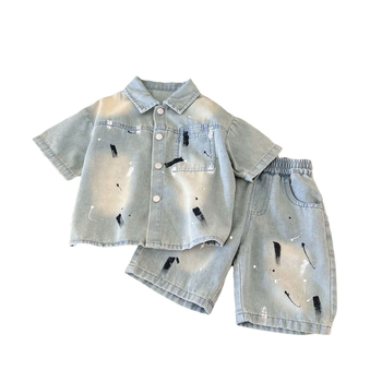 Zēnu divdaļīgs džinsa komplekts: īsrokājā krekliņš un šorti, viegls, mīksts džinsa audums, vienkrāsains, vasaras apģērbs