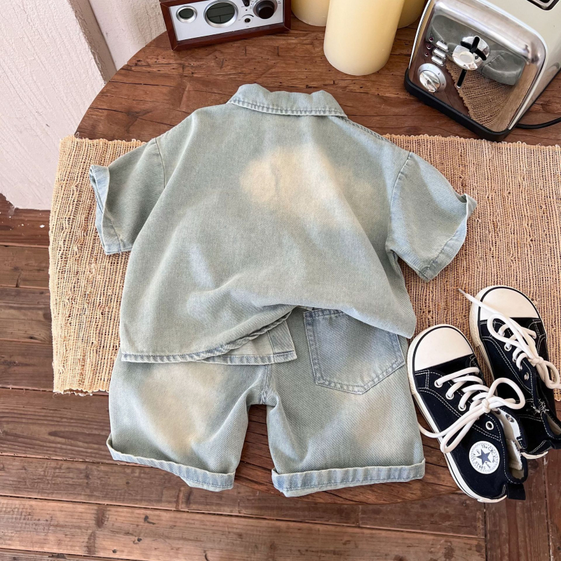 Zēnu divdaļīgs džinsa komplekts: īsrokājā krekliņš un šorti, viegls, mīksts džinsa audums, vienkrāsains, vasaras apģērbs