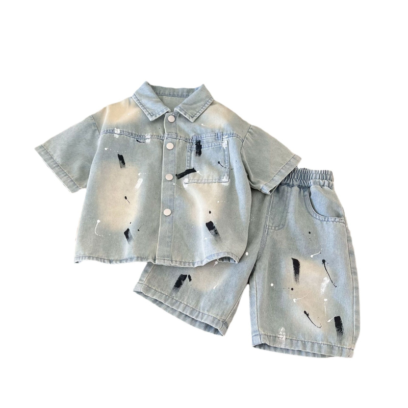 Zēnu divdaļīgs džinsa komplekts: īsrokājā krekliņš un šorti, viegls, mīksts džinsa audums, vienkrāsains, vasaras apģērbs