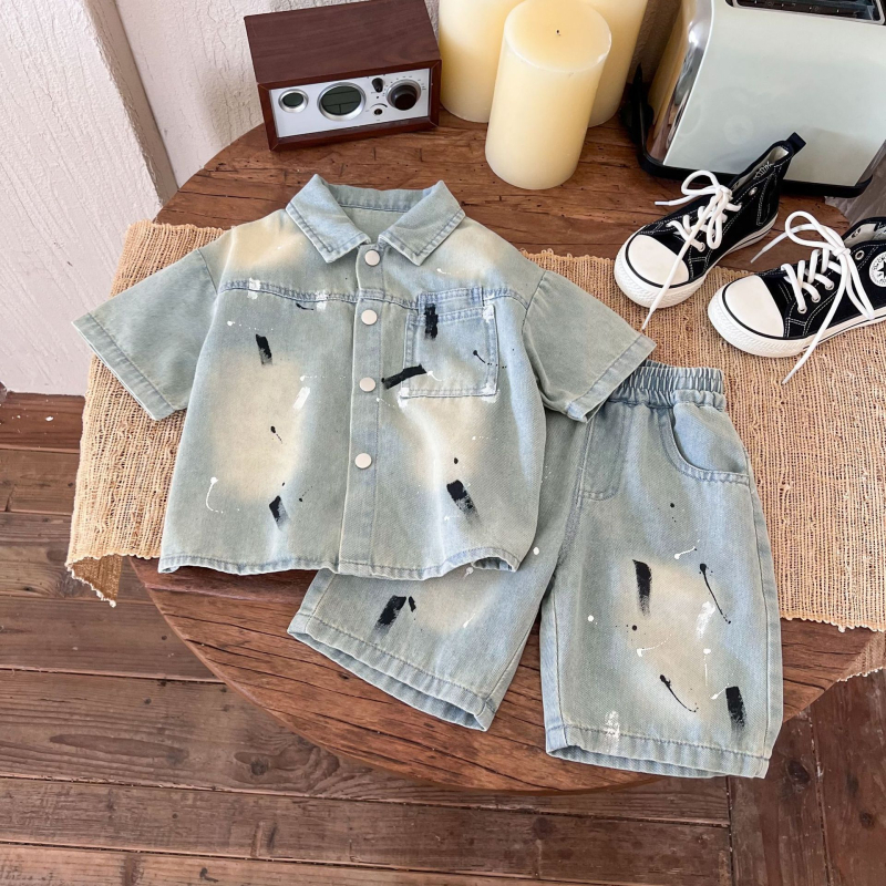 Zēnu divdaļīgs džinsa komplekts: īsrokājā krekliņš un šorti, viegls, mīksts džinsa audums, vienkrāsains, vasaras apģērbs