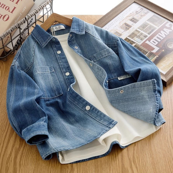 Jachetă denim pentru băieți cu finisaj gradient, stil pastoral, guler rever, mâneci lungi, primăvară-toamnă