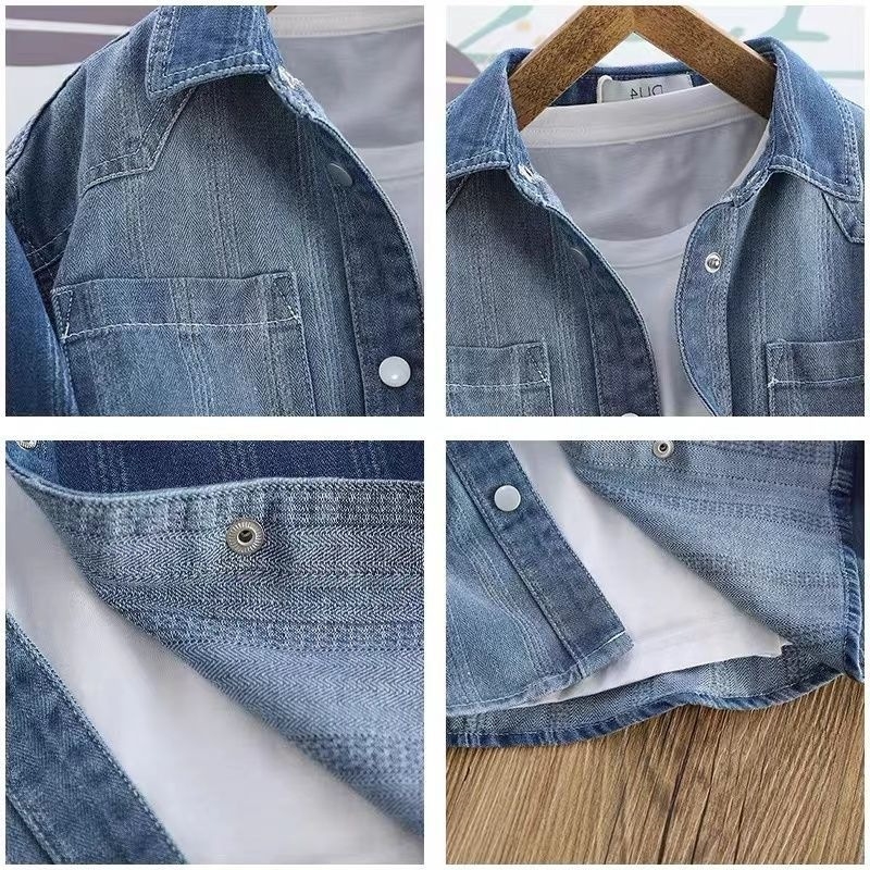 Jachetă denim pentru băieți cu finisaj gradient, stil pastoral, guler rever, mâneci lungi, primăvară-toamnă