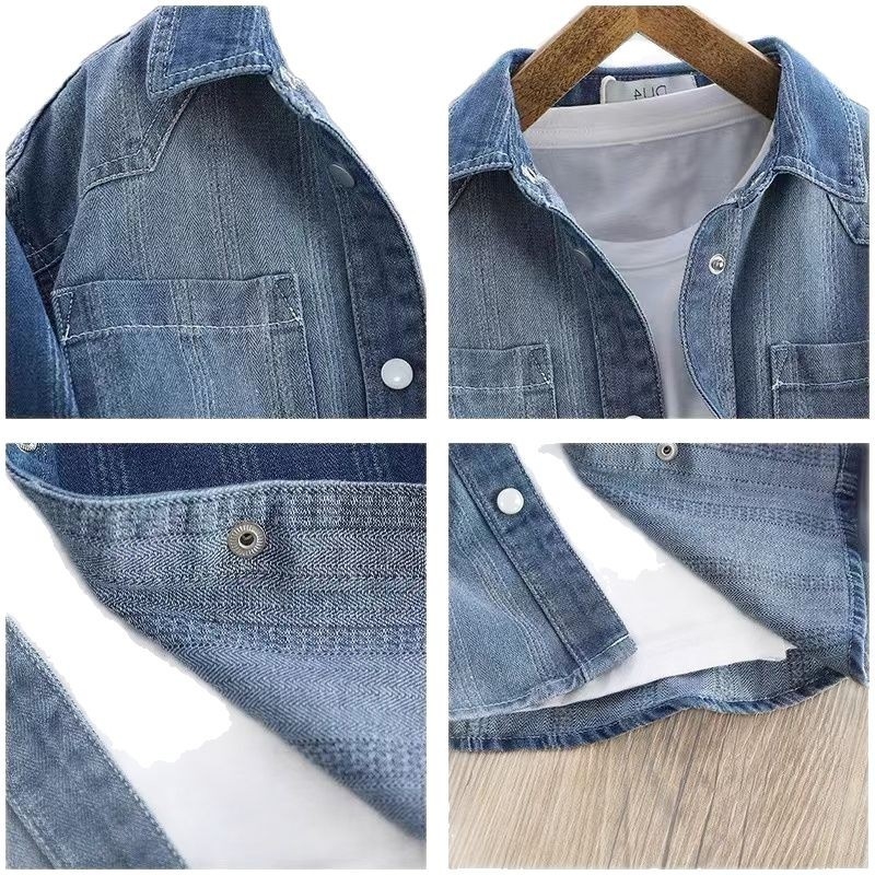 Jachetă denim pentru băieți cu finisaj gradient, stil pastoral, guler rever, mâneci lungi, primăvară-toamnă