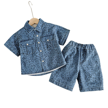 Set za dječake s leopard printom: denim košulja i šorc, kratki rukavi, ljeto, dvodijelni komplet, pamuk–mješavina