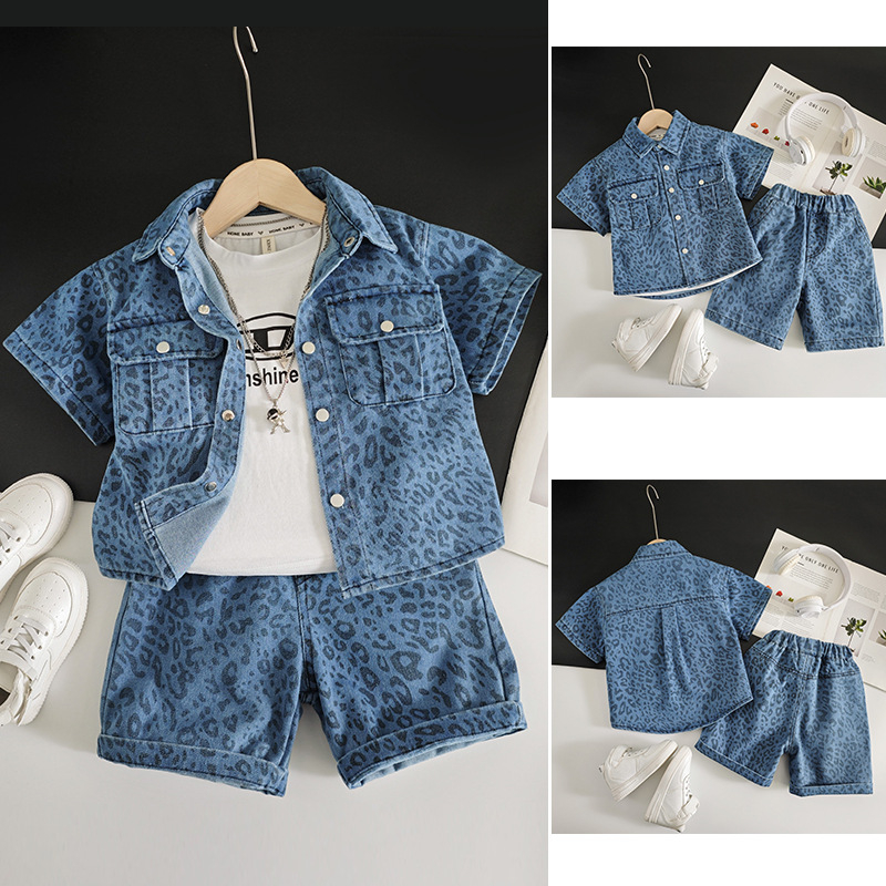 Set za dječake s leopard printom: denim košulja i šorc, kratki rukavi, ljeto, dvodijelni komplet, pamuk–mješavina