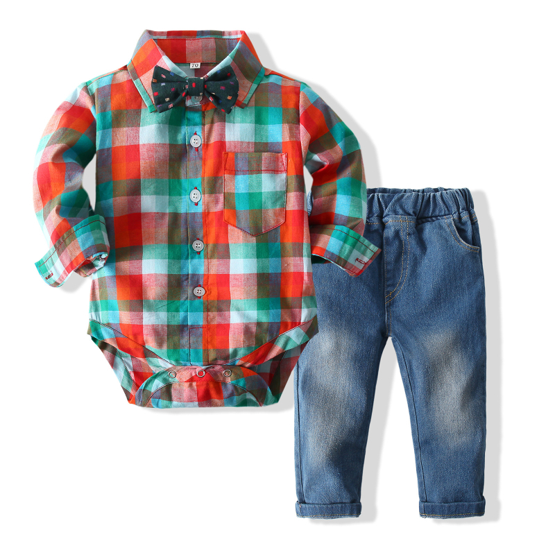 Dječji dvodijelni set: košulja s dugim rukavima kariranog uzorka i denim hlače; tkanina: pamukova smjesa (98% pamuk); uzorak: karirani; sezona: proljeće/jesen; uzrast: 1–3 godine; bez kapuljače.