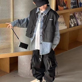 Jachetă denim pentru băieți – stil coreean, material denim/cotton, închidere cu nasturi, fără glugă, primăvară-toamnă (3-8 ani)