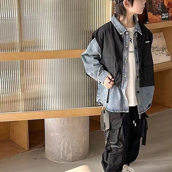 Jachetă denim pentru băieți – stil coreean, material denim/cotton, închidere cu nasturi, fără glugă, primăvară-toamnă (3-8 ani)