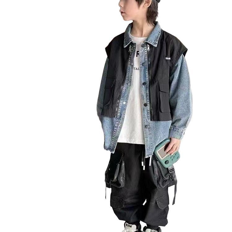 Jachetă denim pentru băieți – stil coreean, material denim/cotton, închidere cu nasturi, fără glugă, primăvară-toamnă (3-8 ani)
