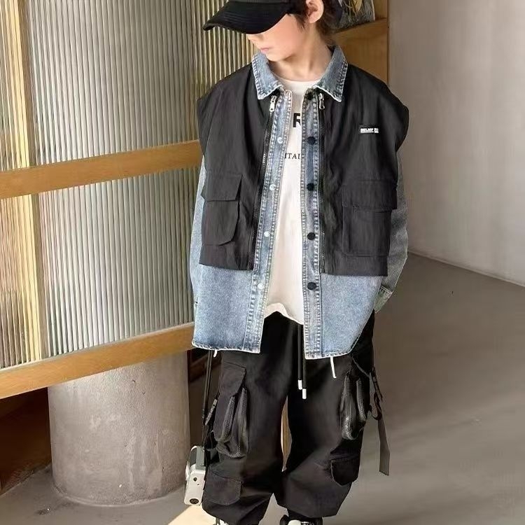 Jachetă denim pentru băieți – stil coreean, material denim/cotton, închidere cu nasturi, fără glugă, primăvară-toamnă (3-8 ani)