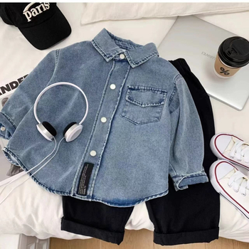 Cămașă de copii din denim, din bumbac, stil coreean, mâneci lungi, pentru copii 3–8 ani, primăvară-toamnă