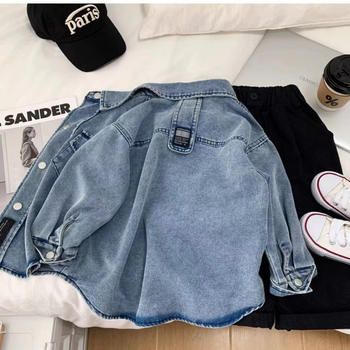 Cămașă de copii din denim, din bumbac, stil coreean, mâneci lungi, pentru copii 3–8 ani, primăvară-toamnă