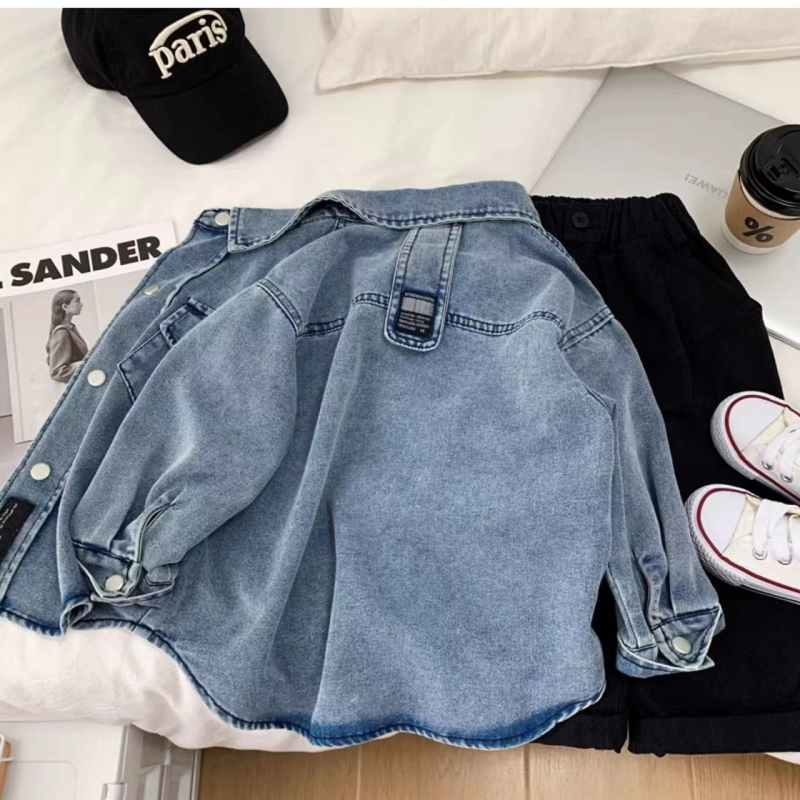 Cămașă de copii din denim, din bumbac, stil coreean, mâneci lungi, pentru copii 3–8 ani, primăvară-toamnă