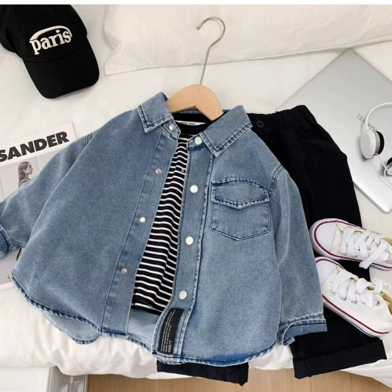 Cămașă de copii din denim, din bumbac, stil coreean, mâneci lungi, pentru copii 3–8 ani, primăvară-toamnă