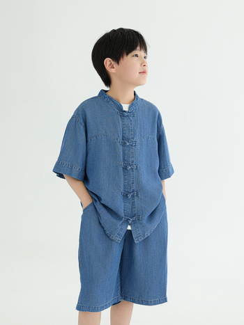 Dječji dvodijelni kostim za ljeto, kineskog stila, lagani Tencel denim, kratki rukavi, za djecu 3–8 godina