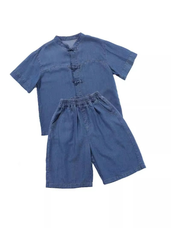 Dječji dvodijelni kostim za ljeto, kineskog stila, lagani Tencel denim, kratki rukavi, za djecu 3–8 godina