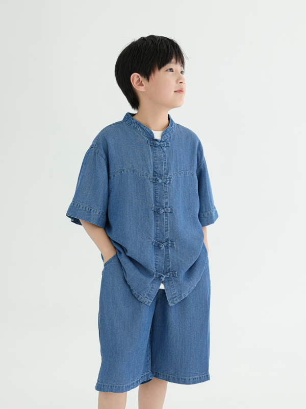 Dječji dvodijelni kostim za ljeto, kineskog stila, lagani Tencel denim, kratki rukavi, za djecu 3–8 godina