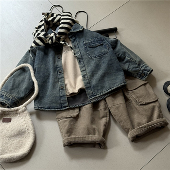 Cămașă denim de iarnă pentru copii, stil coreean, unisex, mâneci lungi, 95% bumbac, atingere moale, țesătură groasă, pentru copii 1–3 ani