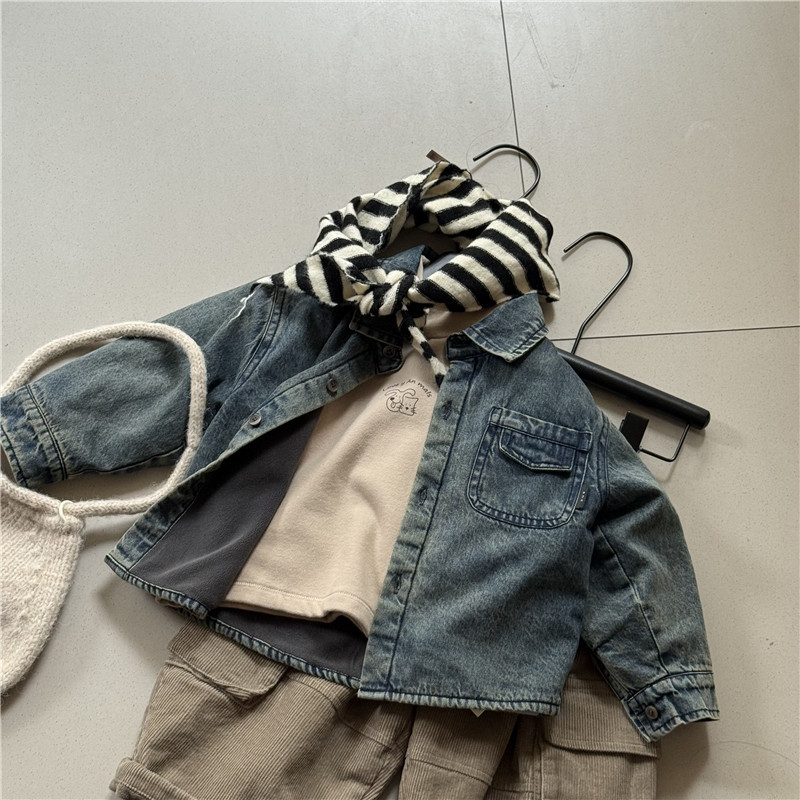 Cămașă denim de iarnă pentru copii, stil coreean, unisex, mâneci lungi, 95% bumbac, atingere moale, țesătură groasă, pentru copii 1–3 ani