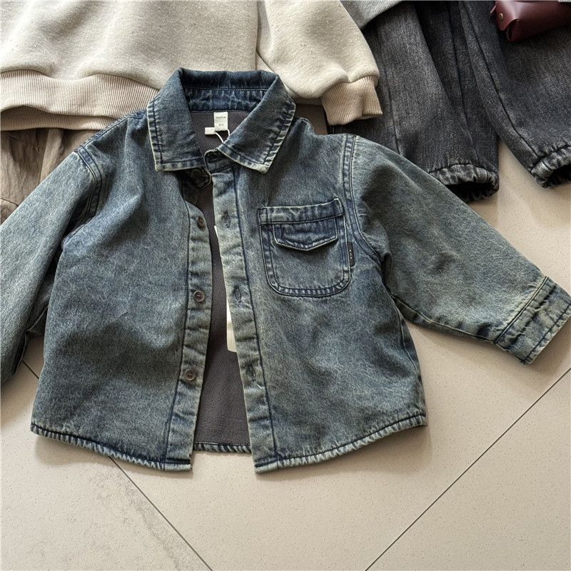 Cămașă denim de iarnă pentru copii, stil coreean, unisex, mâneci lungi, 95% bumbac, atingere moale, țesătură groasă, pentru copii 1–3 ani