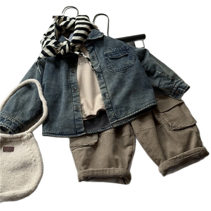 Cămașă denim de iarnă pentru copii, stil coreean, unisex, mâneci lungi, 95% bumbac, atingere moale, țesătură groasă, pentru copii 1–3 ani