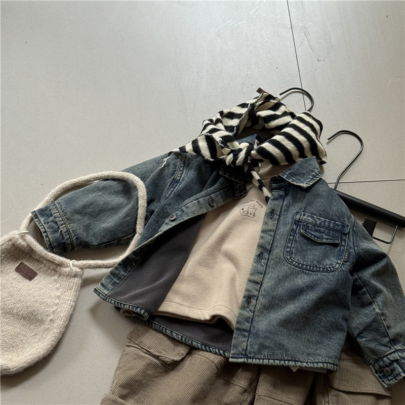 Cămașă denim de iarnă pentru copii, stil coreean, unisex, mâneci lungi, 95% bumbac, atingere moale, țesătură groasă, pentru copii 1–3 ani