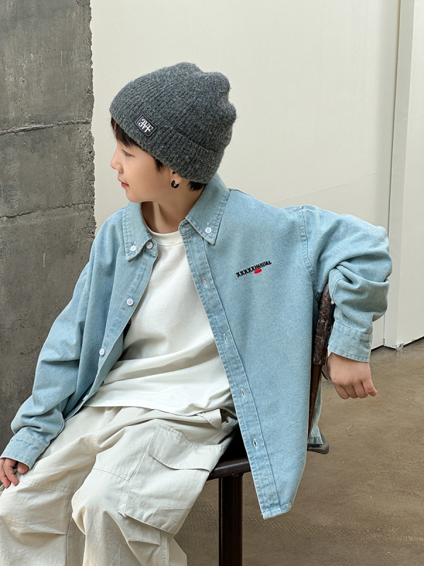 Jachetă-cămașă din denim pentru copii, unisex, spălat enzime, amestec de bumbac 85% / 8% poliester / 7% viscose, închiderea cu nasturi la un rând, primăvară-toamnă, 3–8 ani, Elmo Beibei