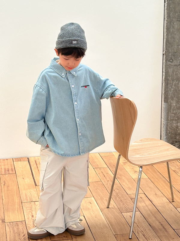 Jachetă-cămașă din denim pentru copii, unisex, spălat enzime, amestec de bumbac 85% / 8% poliester / 7% viscose, închiderea cu nasturi la un rând, primăvară-toamnă, 3–8 ani, Elmo Beibei