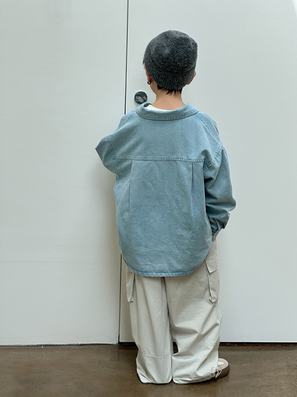 Jachetă-cămașă din denim pentru copii, unisex, spălat enzime, amestec de bumbac 85% / 8% poliester / 7% viscose, închiderea cu nasturi la un rând, primăvară-toamnă, 3–8 ani, Elmo Beibei