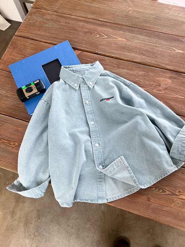 Jachetă-cămașă din denim pentru copii, unisex, spălat enzime, amestec de bumbac 85% / 8% poliester / 7% viscose, închiderea cu nasturi la un rând, primăvară-toamnă, 3–8 ani, Elmo Beibei