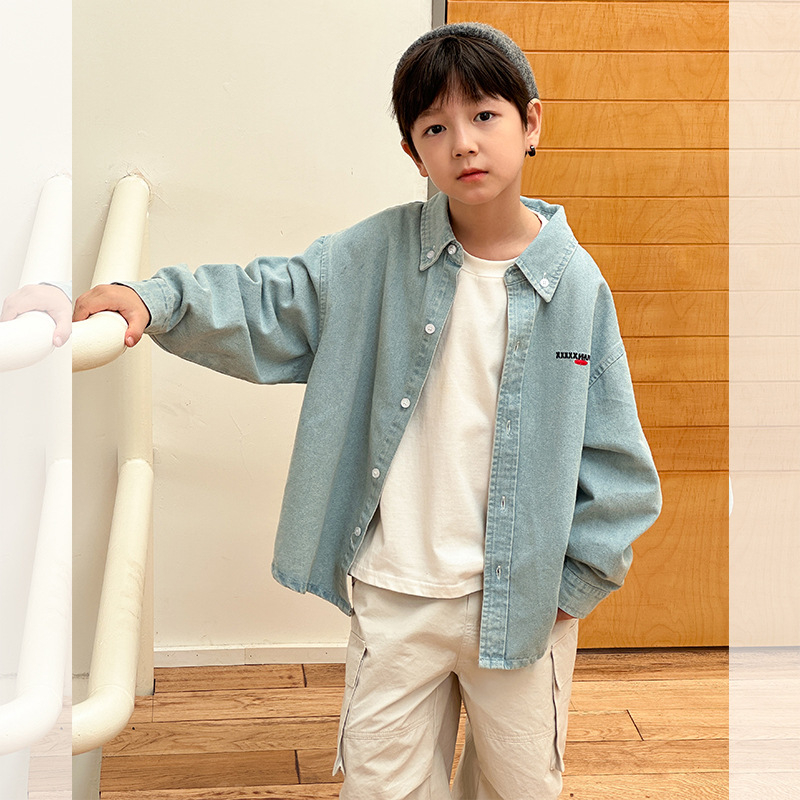 Jachetă-cămașă din denim pentru copii, unisex, spălat enzime, amestec de bumbac 85% / 8% poliester / 7% viscose, închiderea cu nasturi la un rând, primăvară-toamnă, 3–8 ani, Elmo Beibei