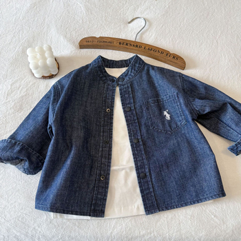 Cămașă din denim pentru copii, unisex, guler înalt, mâneci lungi, 95% bumbac, spălare enzimată