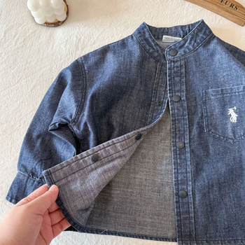 Cămașă din denim pentru copii, unisex, guler înalt, mâneci lungi, 95% bumbac, spălare enzimată