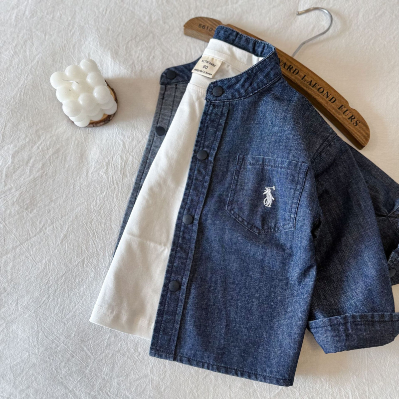 Cămașă din denim pentru copii, unisex, guler înalt, mâneci lungi, 95% bumbac, spălare enzimată