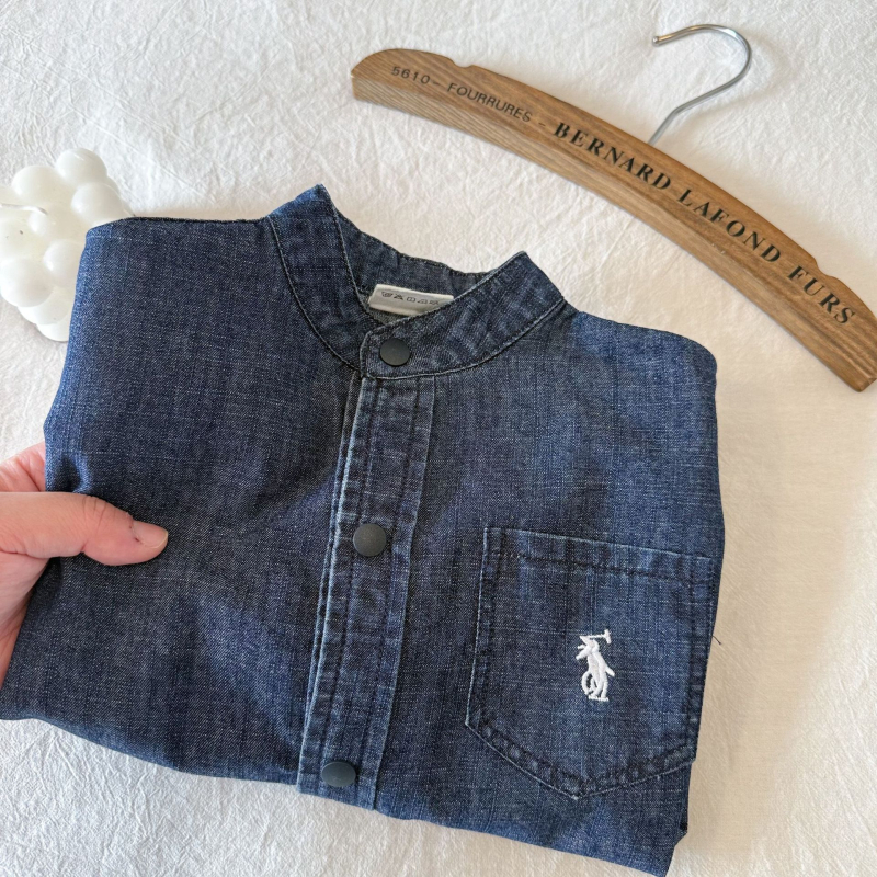 Cămașă din denim pentru copii, unisex, guler înalt, mâneci lungi, 95% bumbac, spălare enzimată
