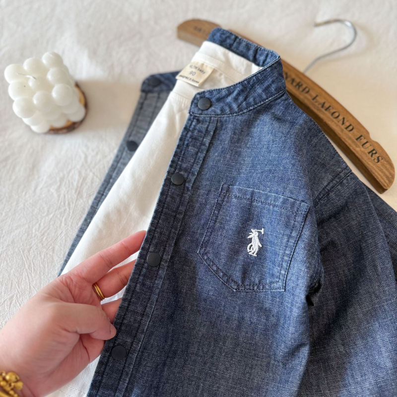 Cămașă din denim pentru copii, unisex, guler înalt, mâneci lungi, 95% bumbac, spălare enzimată