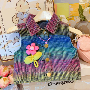 Dječji ljetni dvodijelni set od pamuk-denim materijala za djevojčice, bez rukava majica s ovratnikom i kratke culotte hlače, uzorak suncokreta