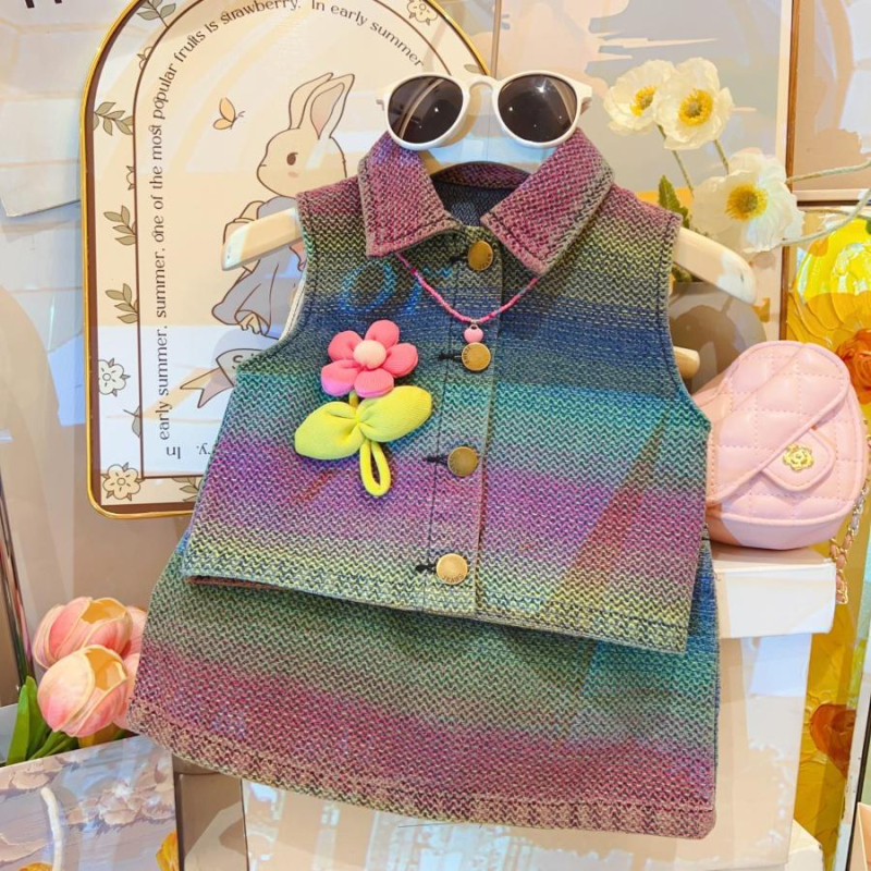 Dječji ljetni dvodijelni set od pamuk-denim materijala za djevojčice, bez rukava majica s ovratnikom i kratke culotte hlače, uzorak suncokreta