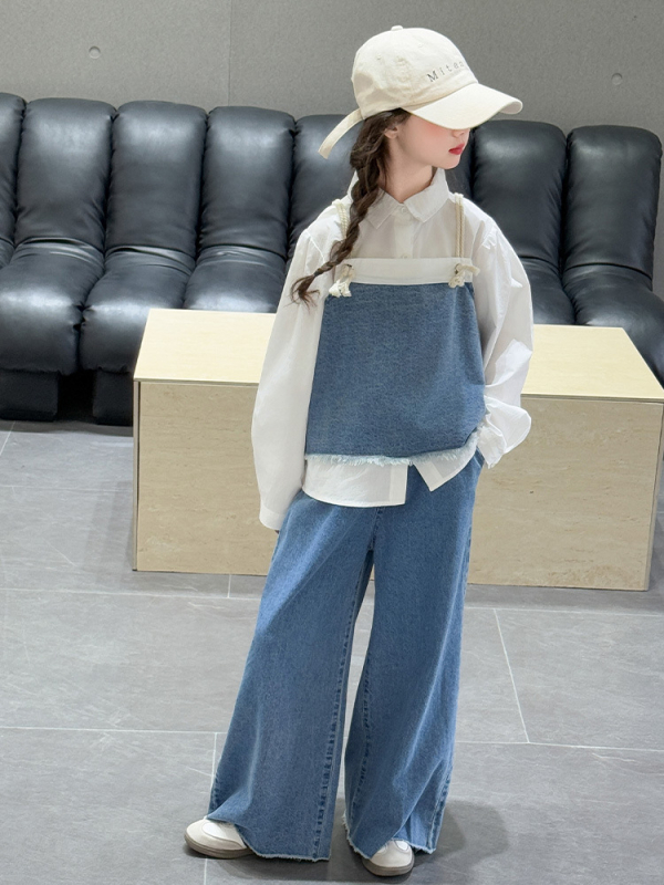 Djevojčice denim set: prsluk, košulja i hlače, tri komada, korejski stil, dugi rukavi, denim tkanina 85% pamuka