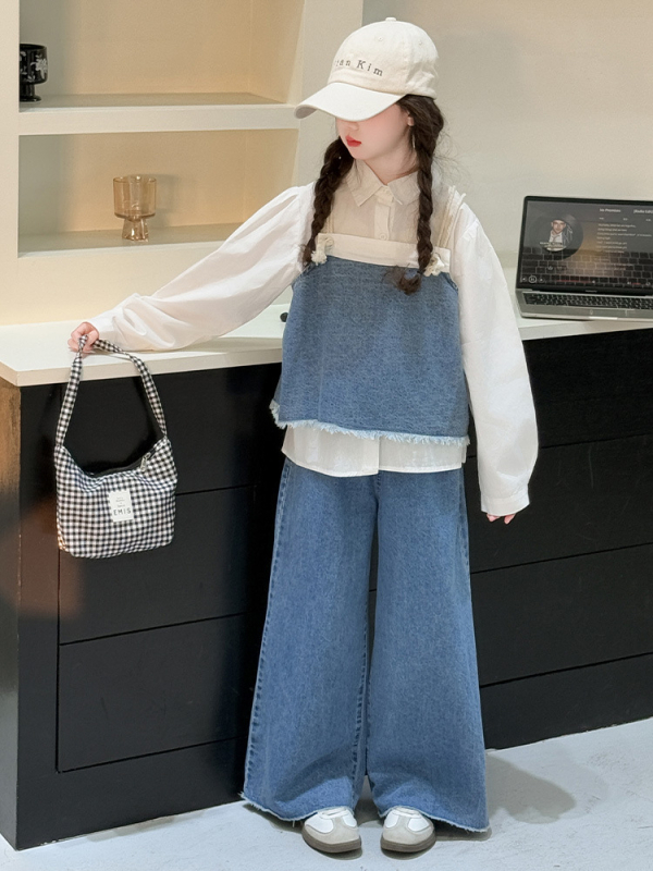 Djevojčice denim set: prsluk, košulja i hlače, tri komada, korejski stil, dugi rukavi, denim tkanina 85% pamuka