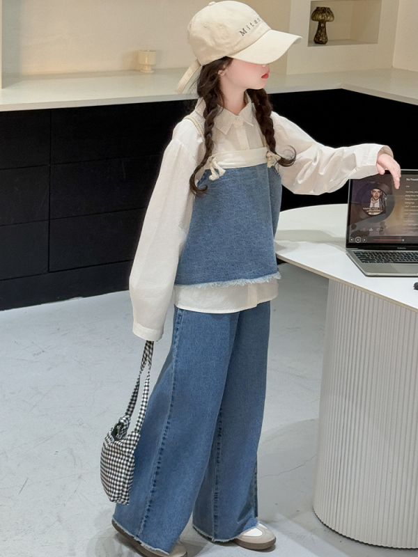 Djevojčice denim set: prsluk, košulja i hlače, tri komada, korejski stil, dugi rukavi, denim tkanina 85% pamuka
