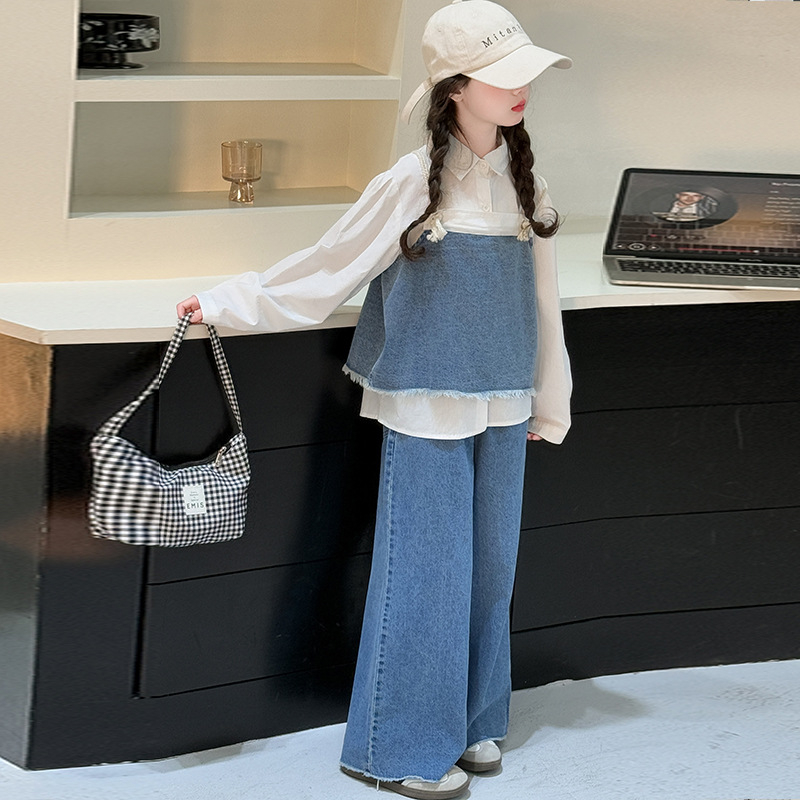 Djevojčice denim set: prsluk, košulja i hlače, tri komada, korejski stil, dugi rukavi, denim tkanina 85% pamuka