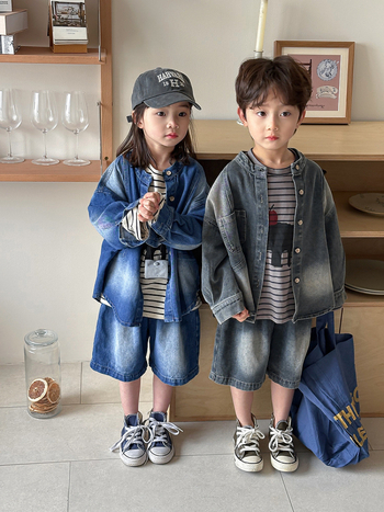 Dječji dvodjelni denim set: košulja-jakna i šorc, korejski stil, pamuk 85%, dugi rukavi, za uzrast 3-8 godina