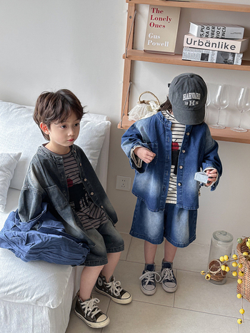 Dječji dvodjelni denim set: košulja-jakna i šorc, korejski stil, pamuk 85%, dugi rukavi, za uzrast 3-8 godina