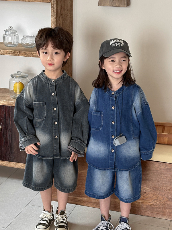 Dječji dvodjelni denim set: košulja-jakna i šorc, korejski stil, pamuk 85%, dugi rukavi, za uzrast 3-8 godina
