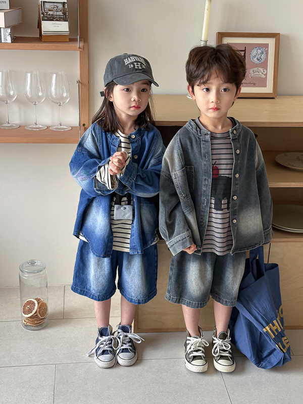 Dječji dvodjelni denim set: košulja-jakna i šorc, korejski stil, pamuk 85%, dugi rukavi, za uzrast 3-8 godina