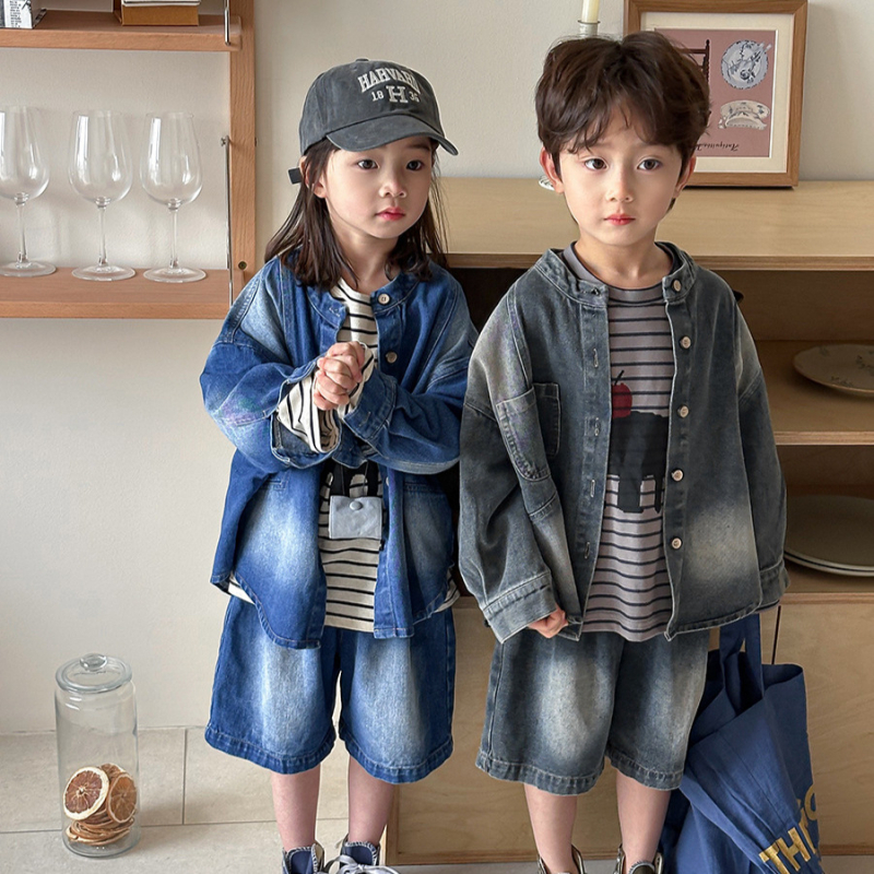 Dječji dvodjelni denim set: košulja-jakna i šorc, korejski stil, pamuk 85%, dugi rukavi, za uzrast 3-8 godina