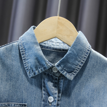 Cămașă din denim pentru copii, guler rever, mâneci lungi, 100% bumbac, ușoară, pentru toate anotimpurile